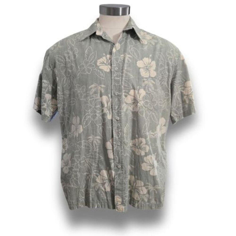 Tori Richard Men's Vintage Large Green and Ivory Hibiscus Flower Short Sleeve
